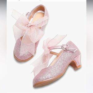 NWOB Thee Bron Girls Sparkle Pink Mary Jane Heels with Organza Bow